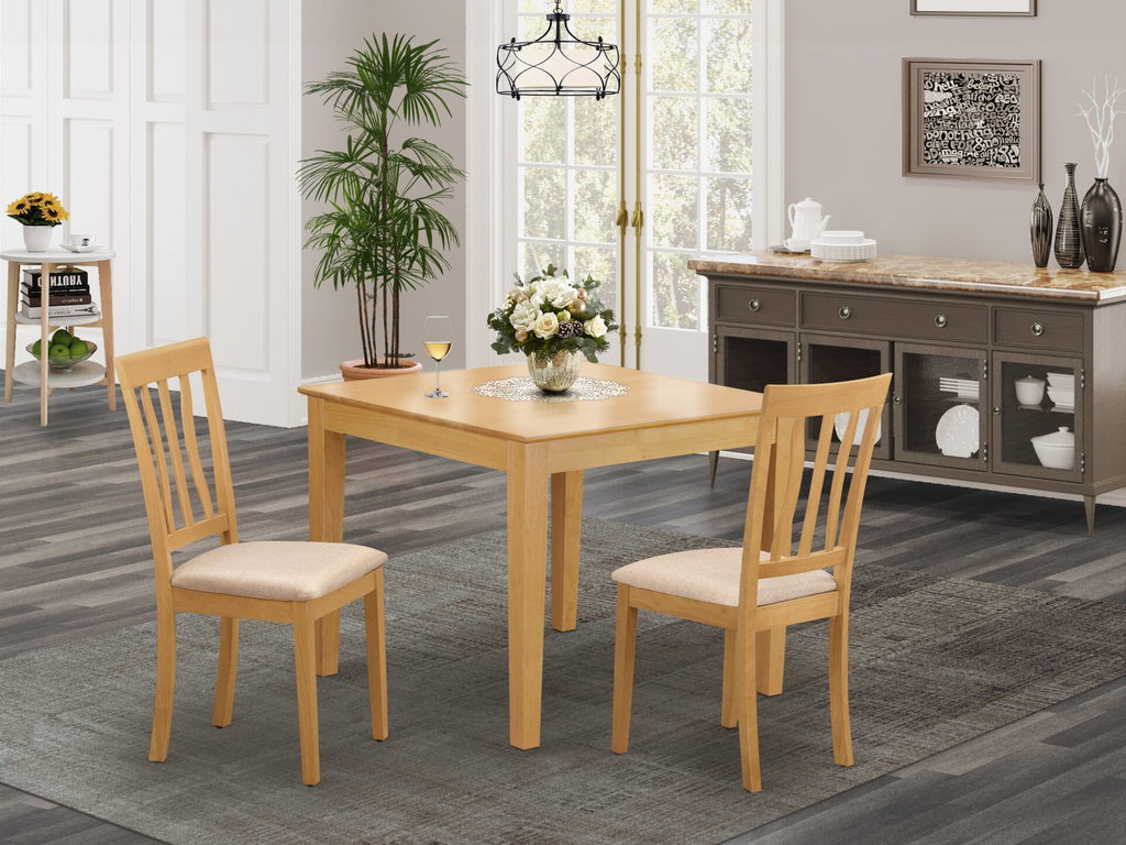 OXAN3-WK7-W Compact 3-Piece Table & Chair Set for Cozy Spaces Featuring a Square Dining Surface and Two Linen-Clad Seats, 36x36, in Oak Finish