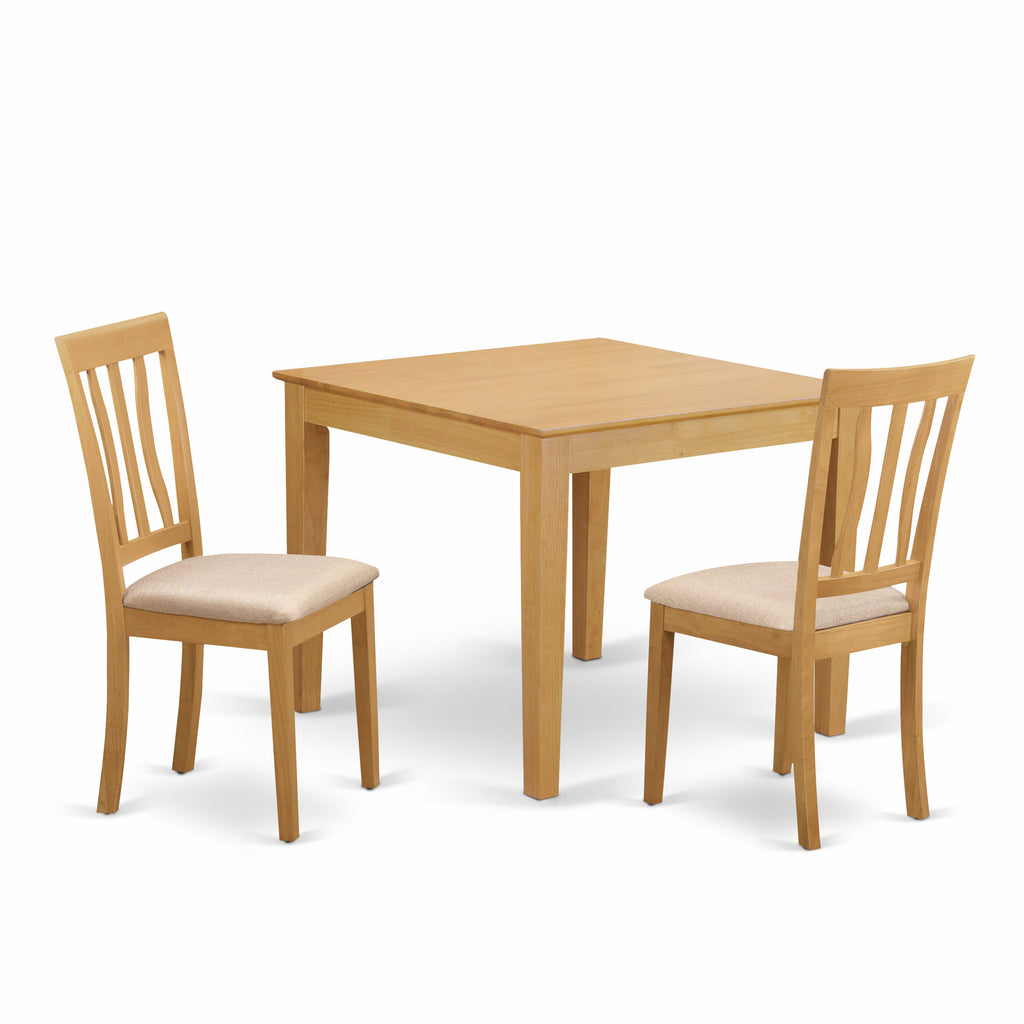 OXAN3-WK7-W Compact 3-Piece Table & Chair Set for Cozy Spaces Featuring a Square Dining Surface and Two Linen-Clad Seats, 36x36, in Oak Finish