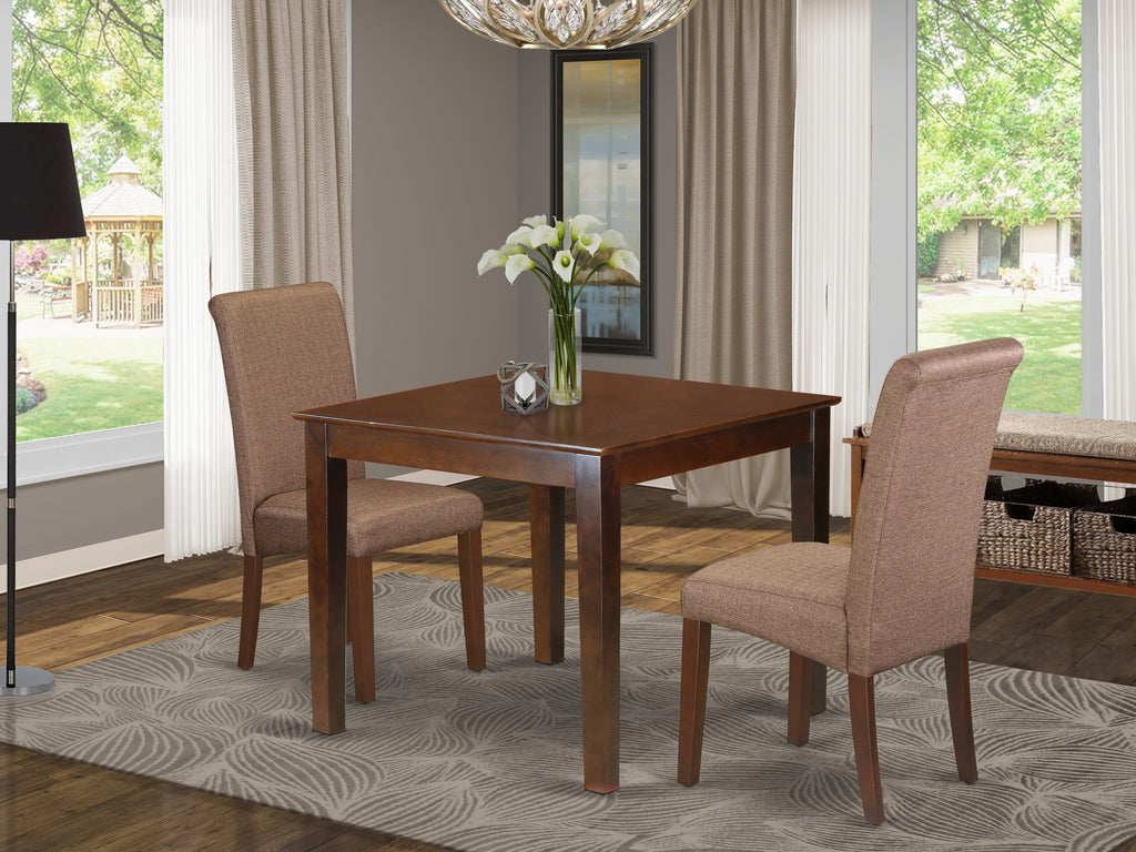 OXBA3-LNC-5Q Stylish 3-Piece Set with Square Dining Table & 2 Linen Tan Fabric Seats, Mahogany Finish, 36 Square