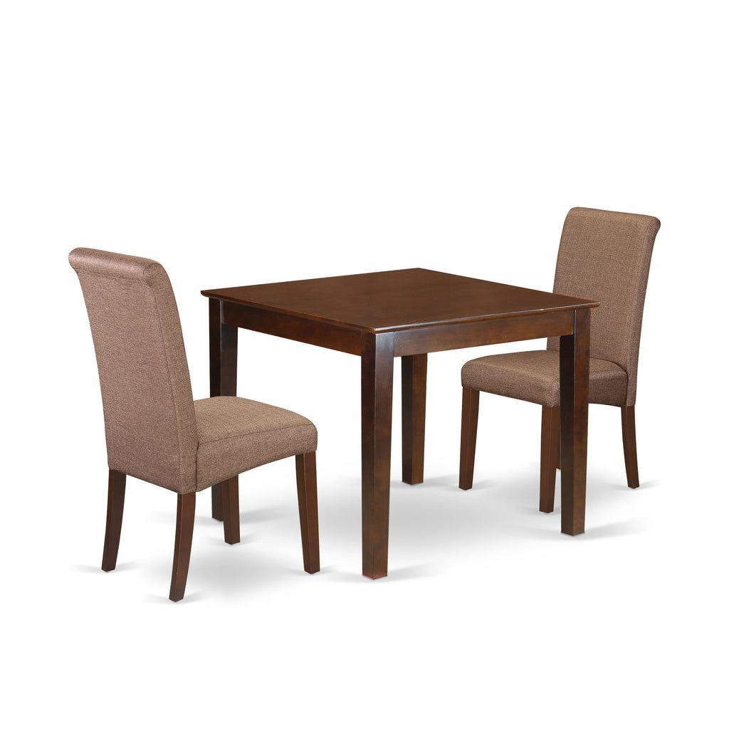 OXBA3-LNC-5Q Stylish 3-Piece Set with Square Dining Table & 2 Linen Tan Fabric Seats, Mahogany Finish, 36 Square