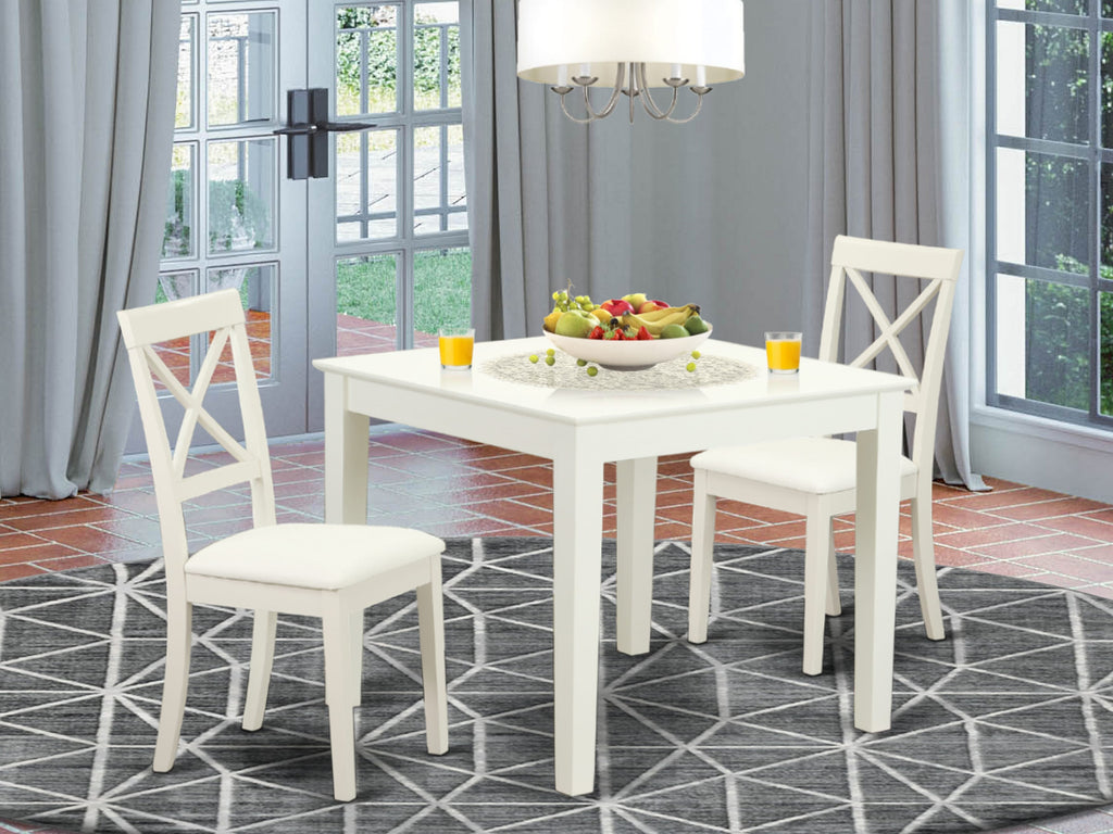 OXBO3-PQS-GK 3-Piece Square Table Set with Wooden Table and Two Faux Leather Chairs, 36x36, Linen White