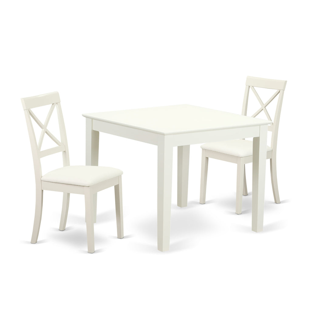 OXBO3-PQS-GK 3-Piece Square Table Set with Wooden Table and Two Faux Leather Chairs, 36x36, Linen White