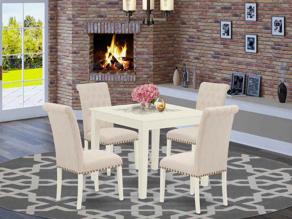OXBR5-1EA-A4 5 Piece Dining Ensemble with Square Table and Beige Upholstered Chairs, 36x36