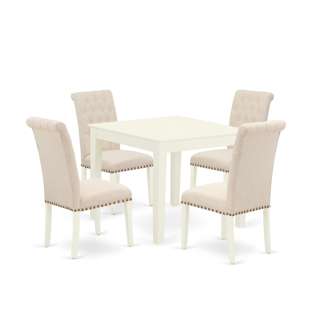 OXBR5-1EA-A4 5 Piece Dining Ensemble with Square Table and Beige Upholstered Chairs, 36x36