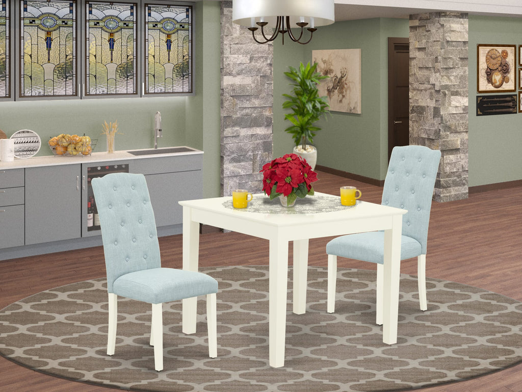 OXCE3-5JK-RC Compact 3-Piece Square Table Dining Set with Baby Blue Upholstery, 36 Linen White