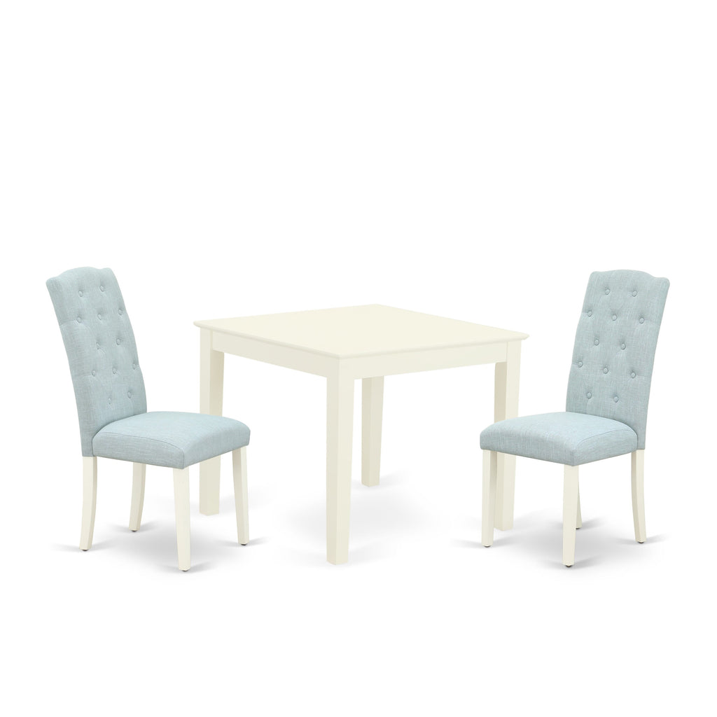 OXCE3-5JK-RC Compact 3-Piece Square Table Dining Set with Baby Blue Upholstery, 36 Linen White