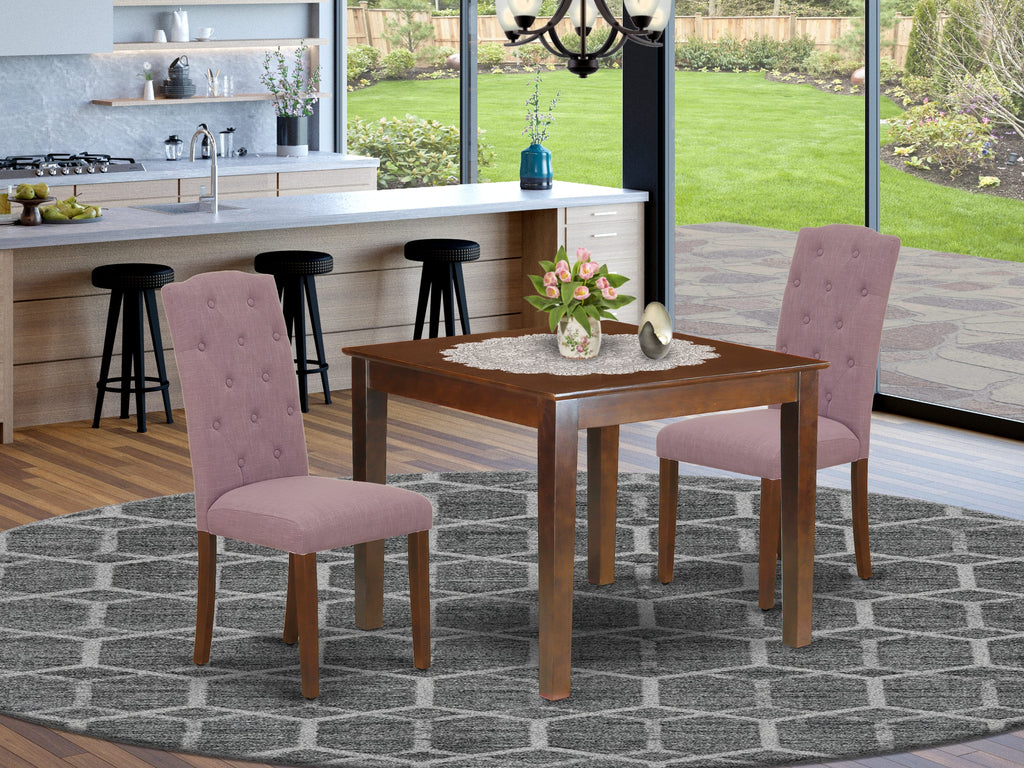 OXCE3-10C-1W Compact Dining Set 3-Piece Square Table with Linen Fabric Armchairs for Cozy Spaces, 36-inch Mahogany