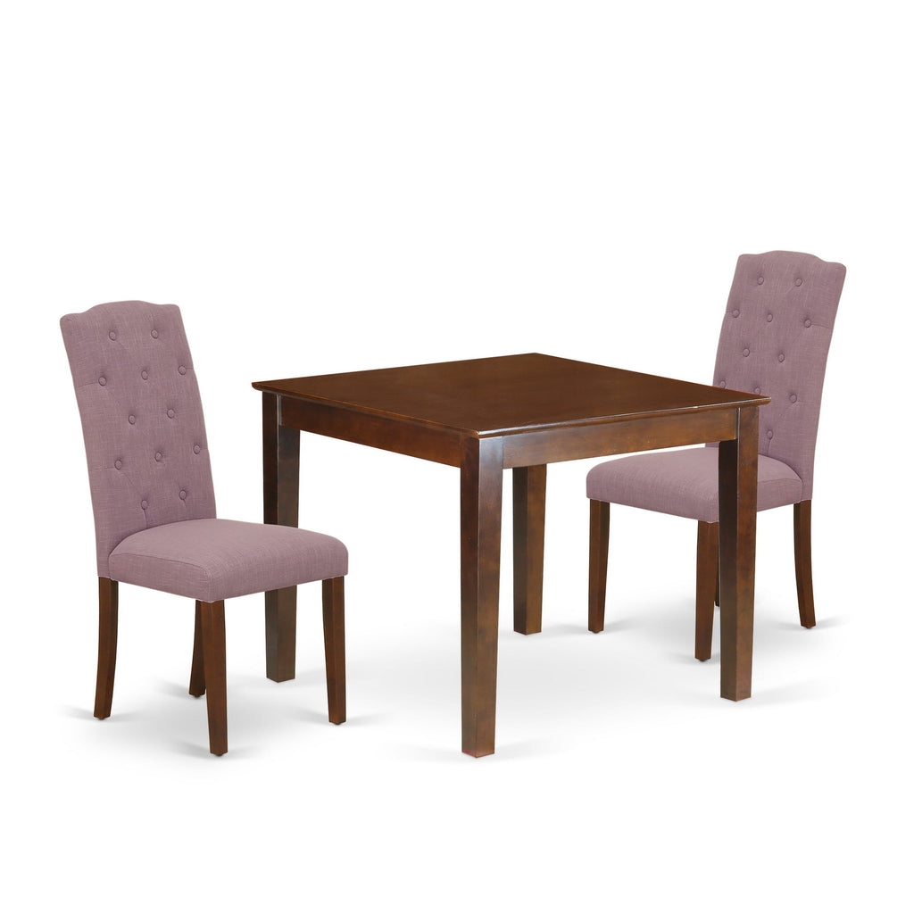 OXCE3-10C-1W Compact Dining Set 3-Piece Square Table with Linen Fabric Armchairs for Cozy Spaces, 36-inch Mahogany