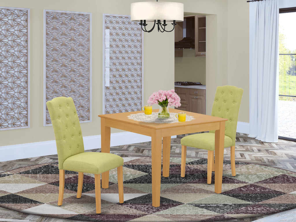 Compact Dining Ensemble OXCE3-JW7-ZD 3-Piece Set with Square Table & Two Limelight Linen Chairs, 36x36 Oak Finish