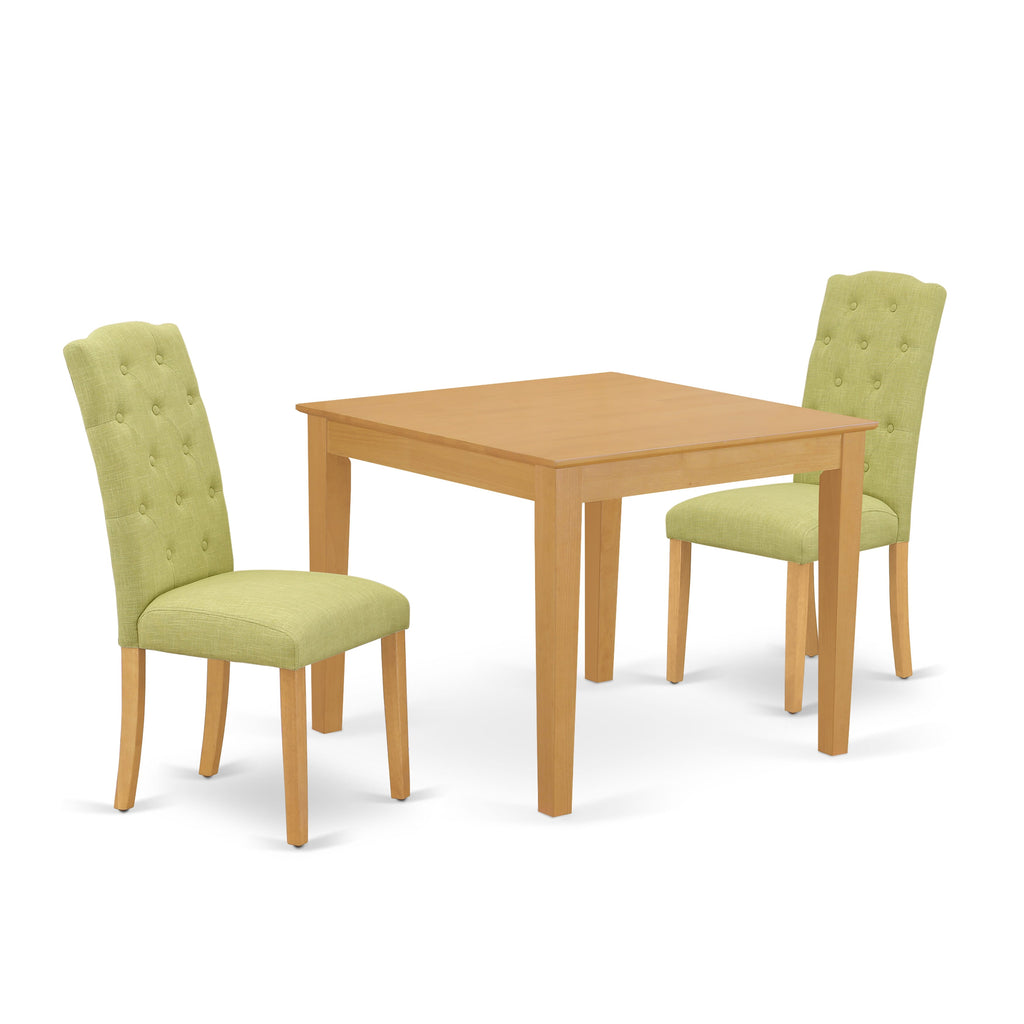 Compact Dining Ensemble OXCE3-JW7-ZD 3-Piece Set with Square Table & Two Limelight Linen Chairs, 36x36 Oak Finish