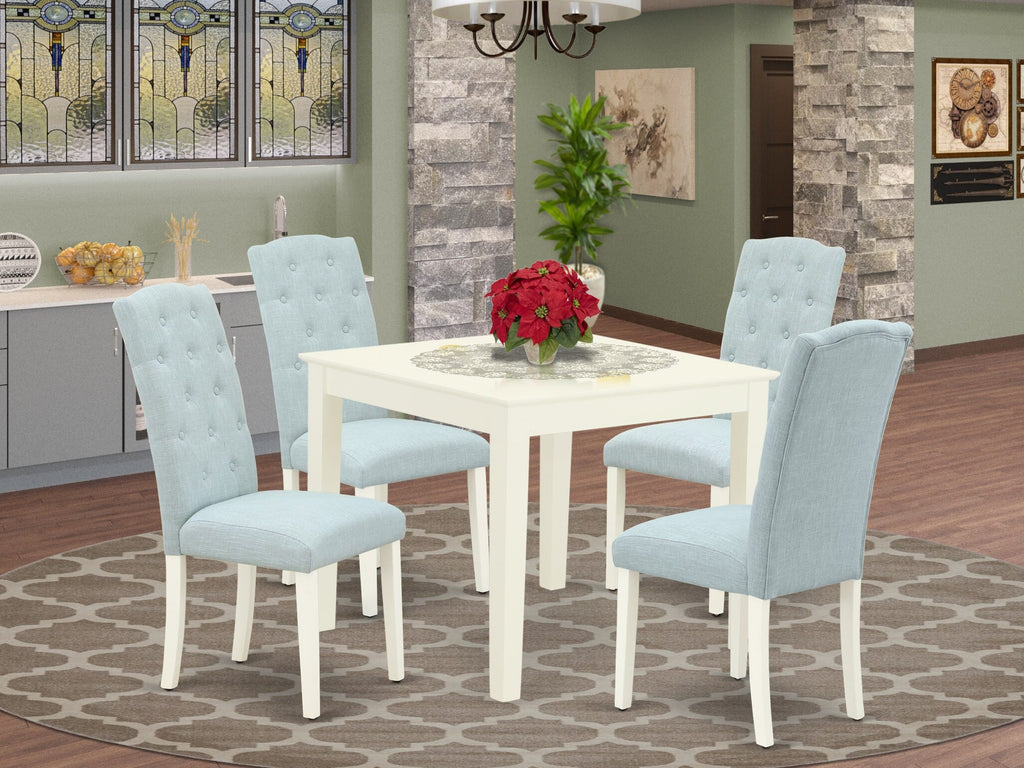 Dining Set OXCE5-A7S-KU Compact Square Table with Cozy Baby Blue Chairs - Linen Style White