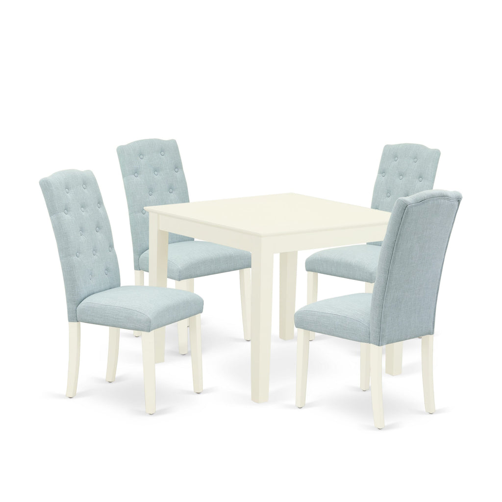 Dining Set OXCE5-A7S-KU Compact Square Table with Cozy Baby Blue Chairs - Linen Style White