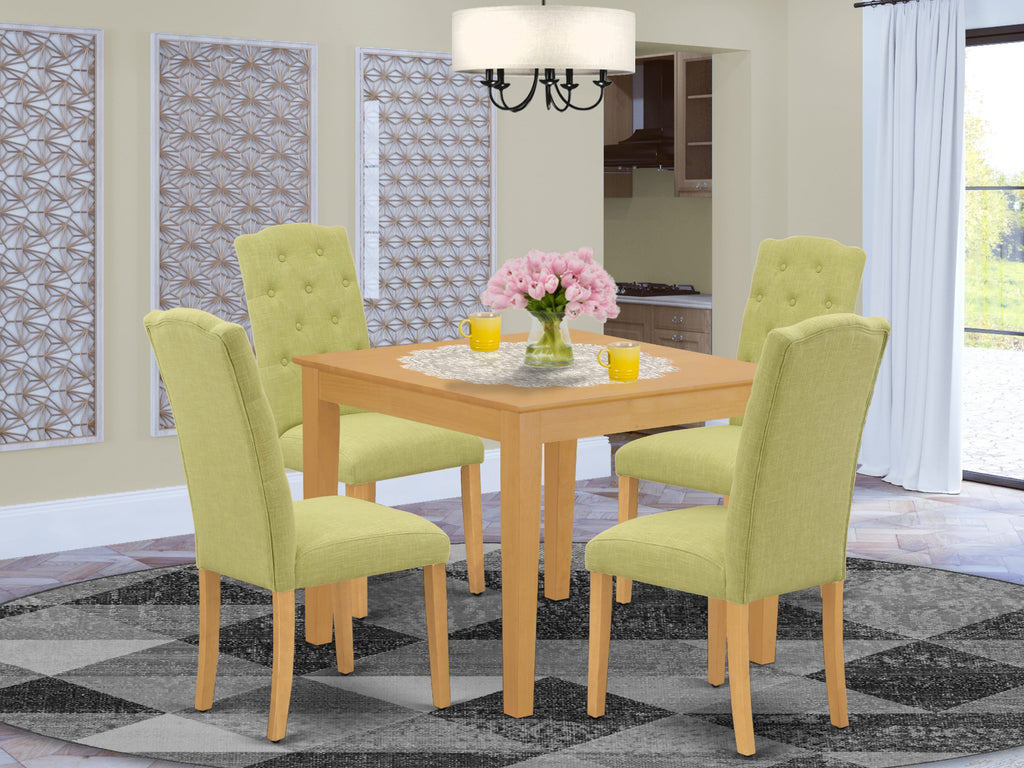 OXCE5-5O7-LA 5-Piece Kitchen Ensemble Square Oak Table & Limelight Fabric Chairs Set, 36x36
