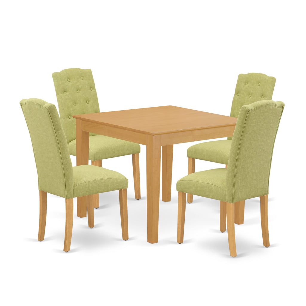 OXCE5-5O7-LA 5-Piece Kitchen Ensemble Square Oak Table & Limelight Fabric Chairs Set, 36x36