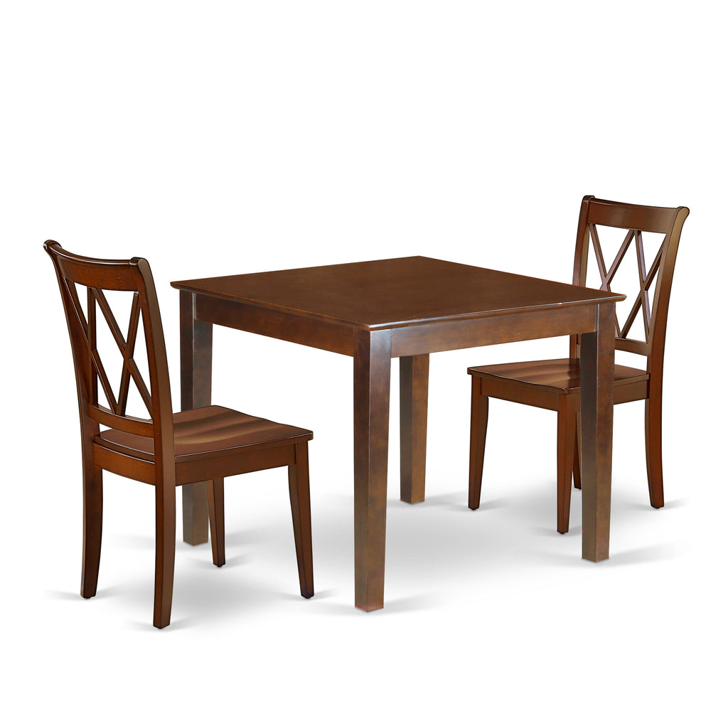 OXCL3-CWN-4 Three-Piece Set Stylish Dining Table with Square Top & Two Wood Chairs, 36x36 in, Rich Mahogany Finish