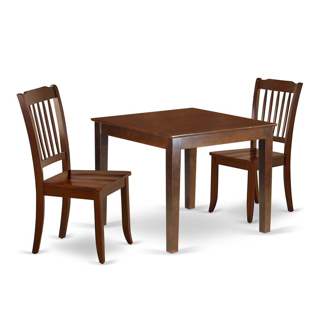 OXDA3-EFV-G 3-Piece Mahogany Suite for Compact Dining Areas with Square Table and Two Chairs, 36x36 Inches