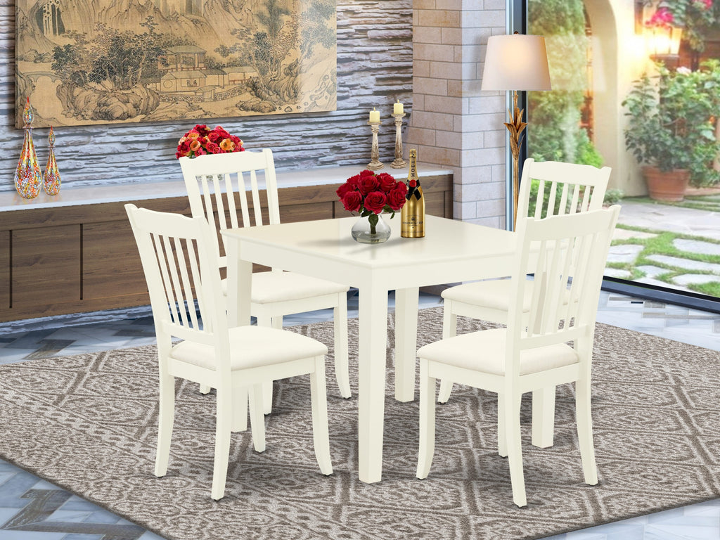 OXDA5-J6F-N 5-Piece Square Wood Dining Set with 4 Linen Upholstered Chairs in Crisp White, 36x36 Tabletop