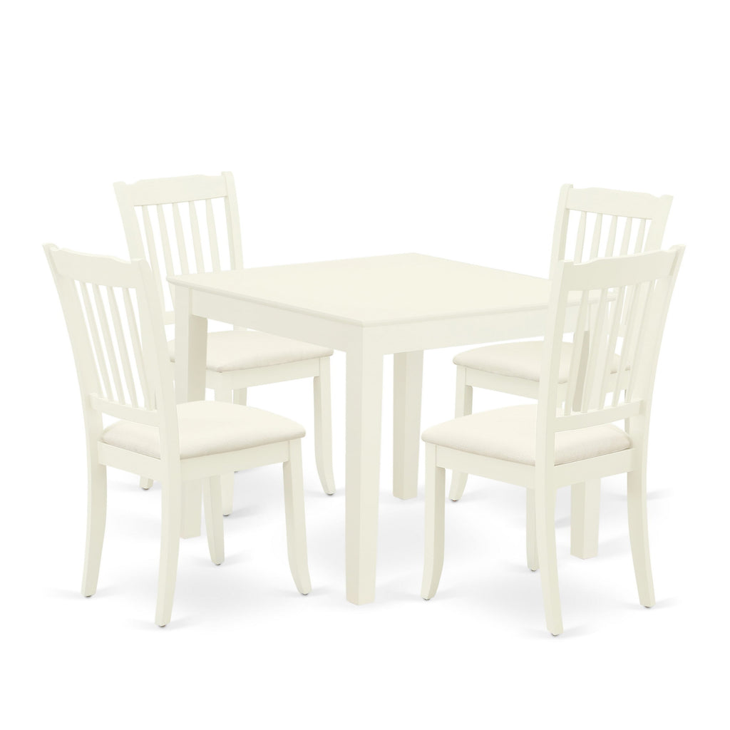 OXDA5-J6F-N 5-Piece Square Wood Dining Set with 4 Linen Upholstered Chairs in Crisp White, 36x36 Tabletop