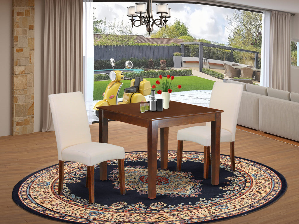 OXDR3-ORJ-QZ Cozylife 3-Piece Compact Dining Set with Square Table and Two Cream Linen Chairs, Mahogany Finish, 36x36 Inch
