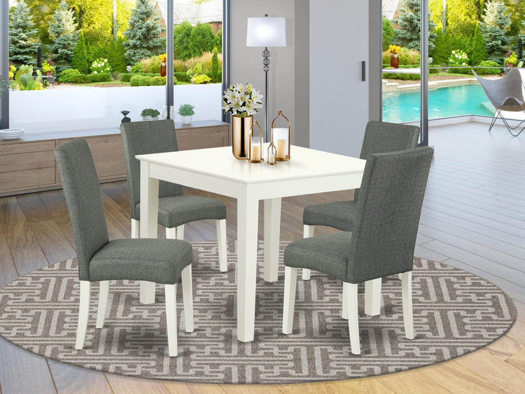 OXDR5 Set - Compact Dining Ensemble with Wood Table & 4 Gray Upholstered Chairs, Linen White