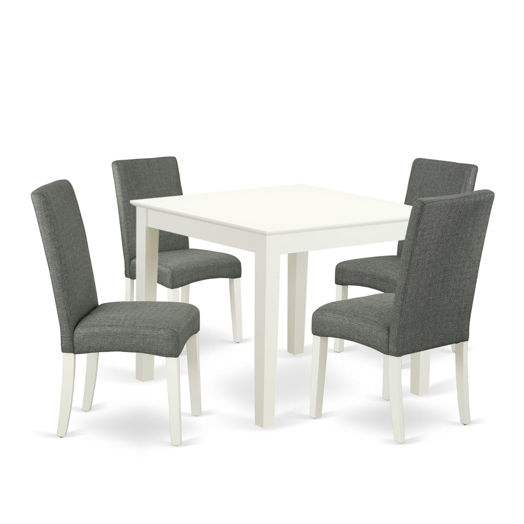 OXDR5 Set - Compact Dining Ensemble with Wood Table & 4 Gray Upholstered Chairs, Linen White