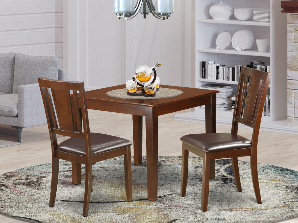 3-Piece Compact Dining Ensemble OXDU3-SNJ-UL Square Table & 2 Upholstered Seats, Mahogany Finish