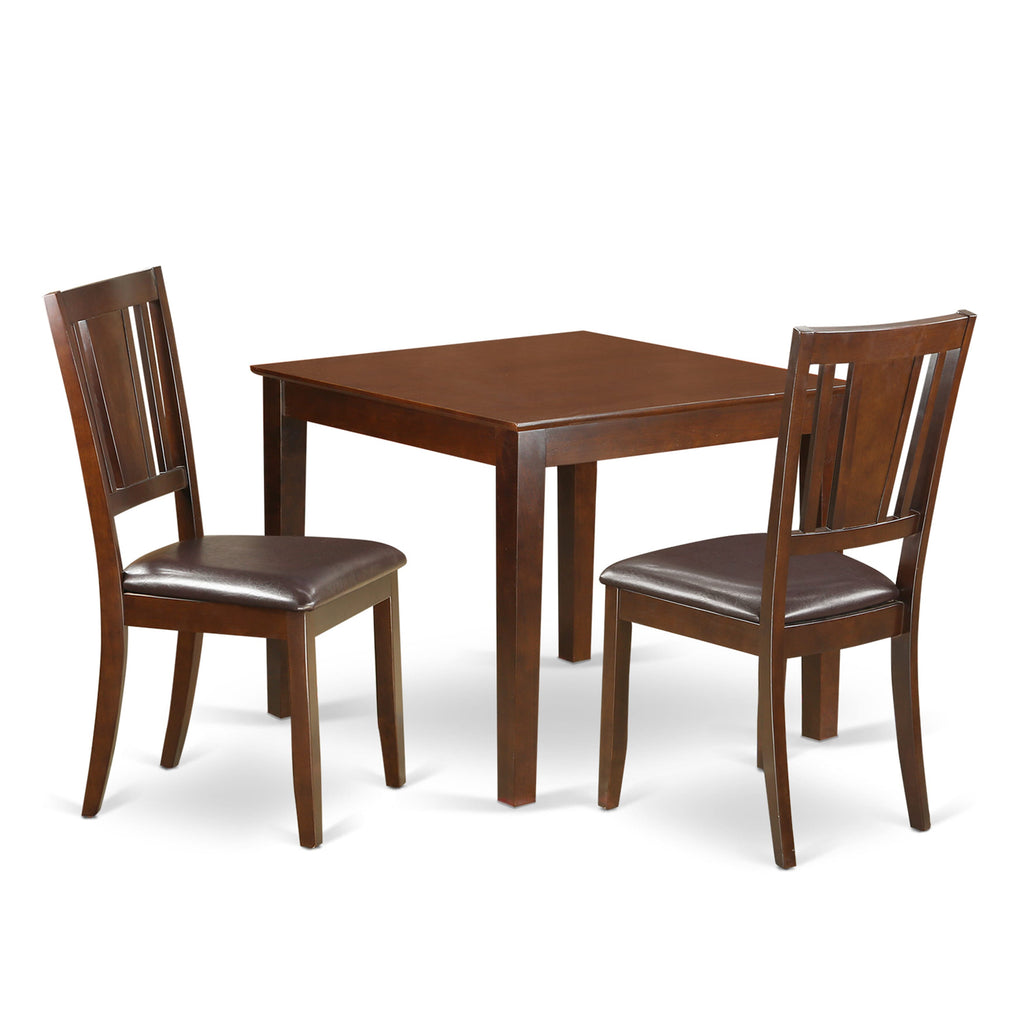 3-Piece Compact Dining Ensemble OXDU3-SNJ-UL Square Table & 2 Upholstered Seats, Mahogany Finish