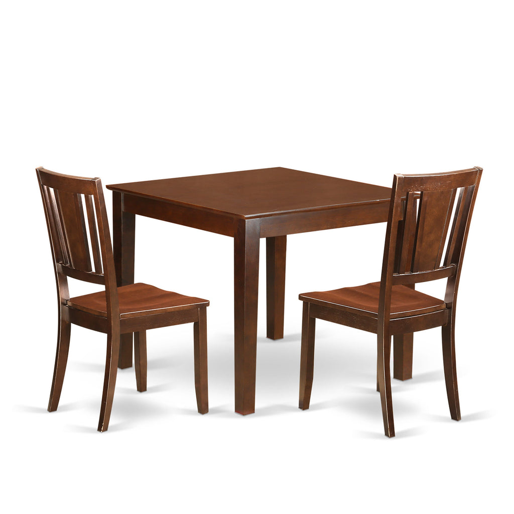 OXDU3-K16-W Mahogany 3 Piece Set - Square Table & 2 Chairs - Compact Dining Solution
