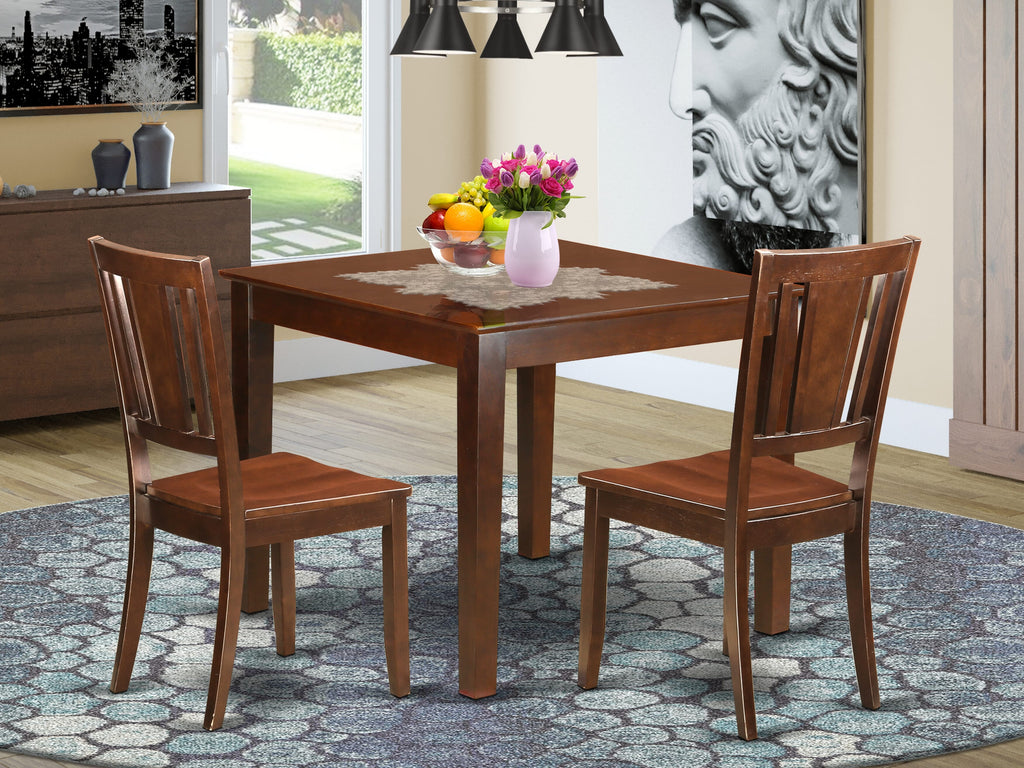 OXDU3-K16-W Mahogany 3 Piece Set - Square Table & 2 Chairs - Compact Dining Solution