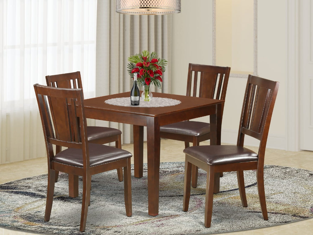 OXDU5-G7B-G2 5-Piece Dining Ensemble with Faux Leather Seating and Square Table, Mahogany Finish