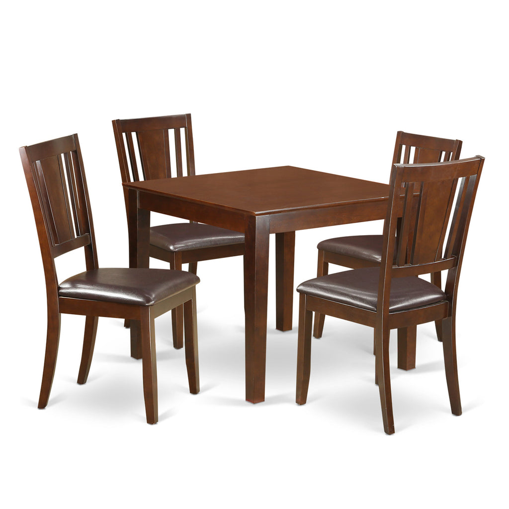OXDU5-G7B-G2 5-Piece Dining Ensemble with Faux Leather Seating and Square Table, Mahogany Finish