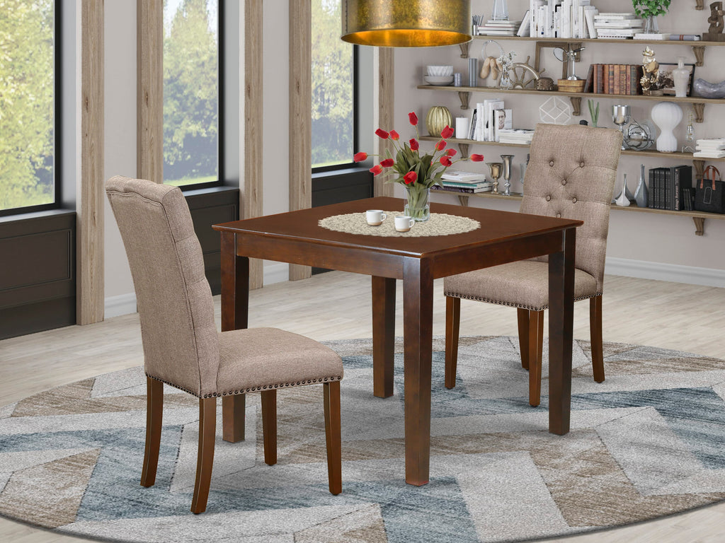 OXEL3-ZLX-DV Dining Collection Square Table & Two Upholstered Dark Khaki Parsons in Mahogany Finish, 36