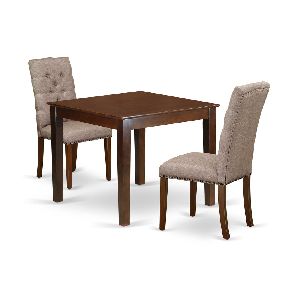 OXEL3-ZLX-DV Dining Collection Square Table & Two Upholstered Dark Khaki Parsons in Mahogany Finish, 36
