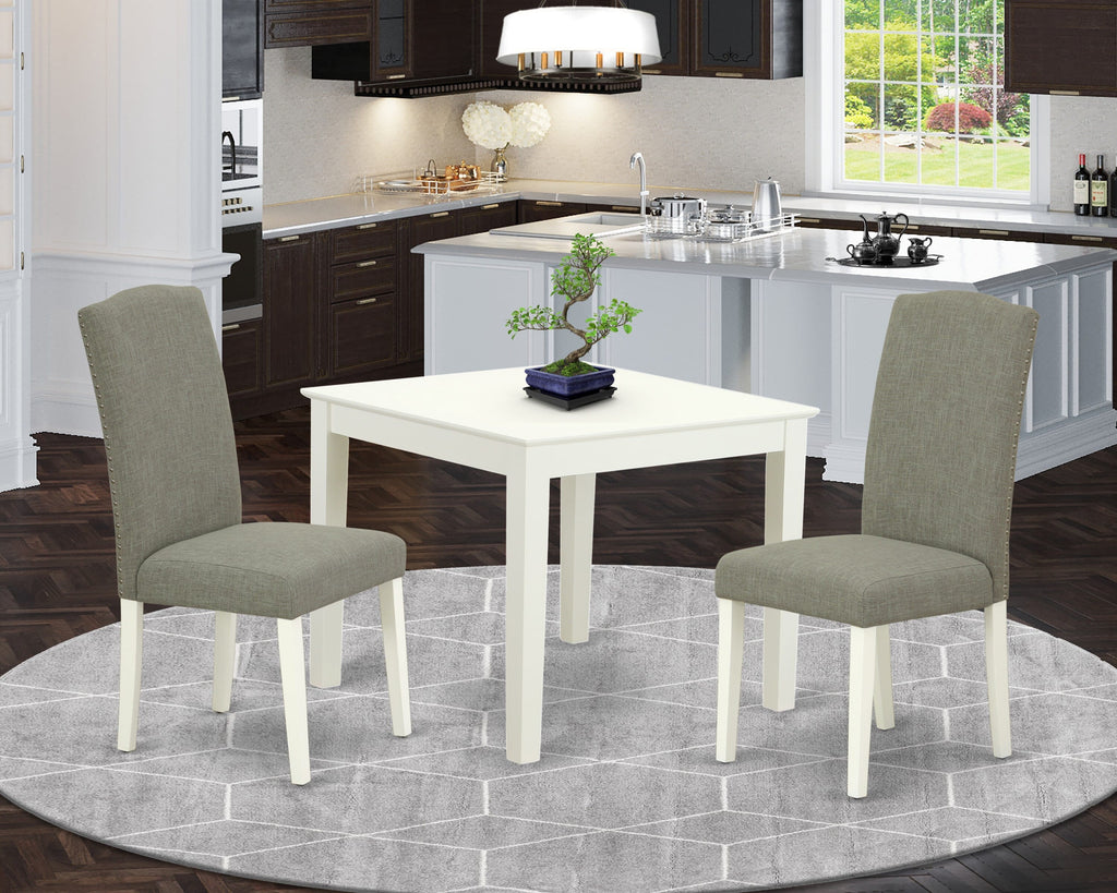 OXEN3-45A-RU Cozy 3-Piece Set Compact Square Table with Two Dark Shitake Linen Chairs in Crisp White, Ideal for Tight Dining Areas