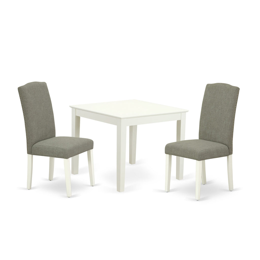 OXEN3-45A-RU Cozy 3-Piece Set Compact Square Table with Two Dark Shitake Linen Chairs in Crisp White, Ideal for Tight Dining Areas