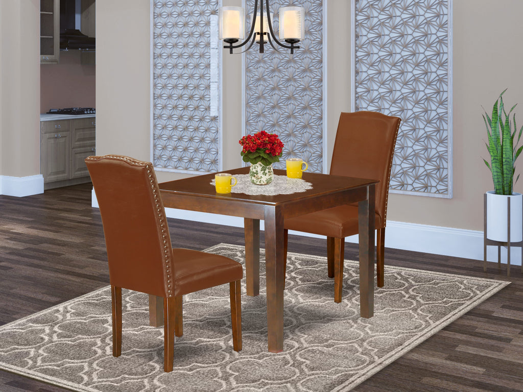 OXEN3-6CA-Z0 3 Piece Compact Set - Mahogany Table with Two Brown Cushions for Cozy Dining