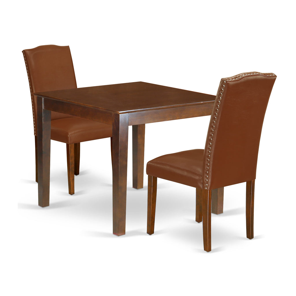 OXEN3-6CA-Z0 3 Piece Compact Set - Mahogany Table with Two Brown Cushions for Cozy Dining