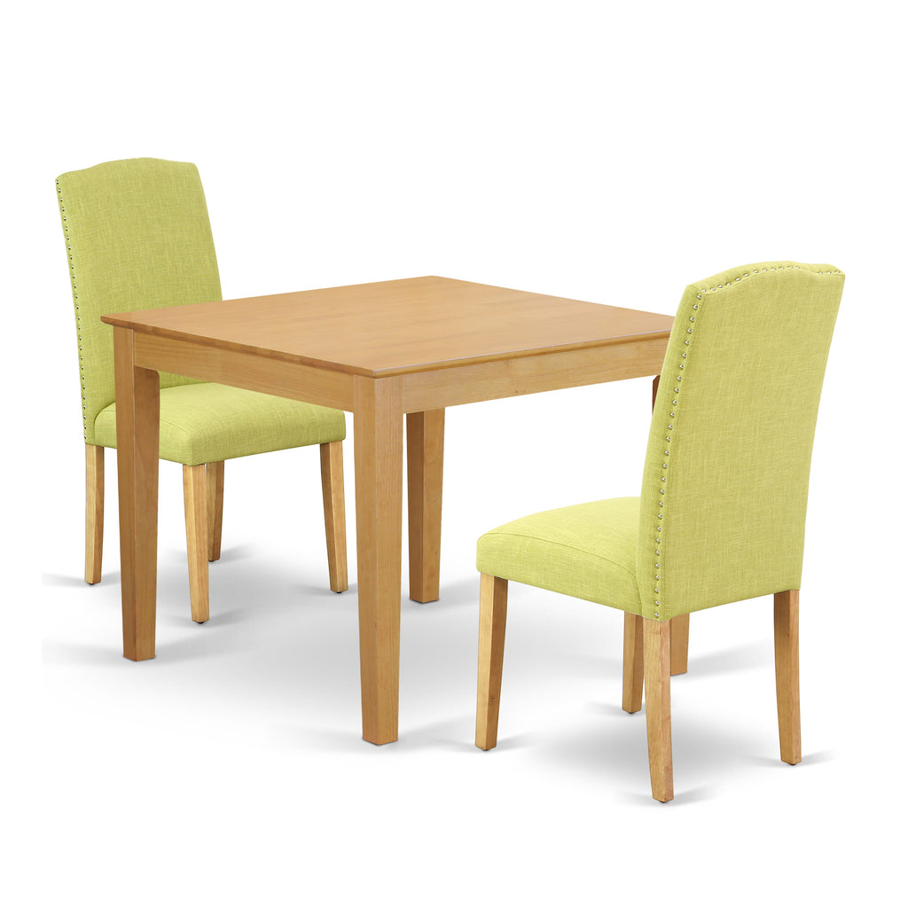 Compact 3PC Dining Set  OXEN3-FMI-IY Cozy Square Table & Limelight Linen Chairs Ideal for Small Areas