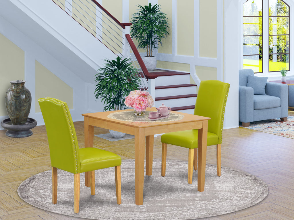 OXEN3-F39-NU Modern Dining Square Table with Two Green Faux Leather Chairs for Cozy Spaces, 36x36 Oak Finish