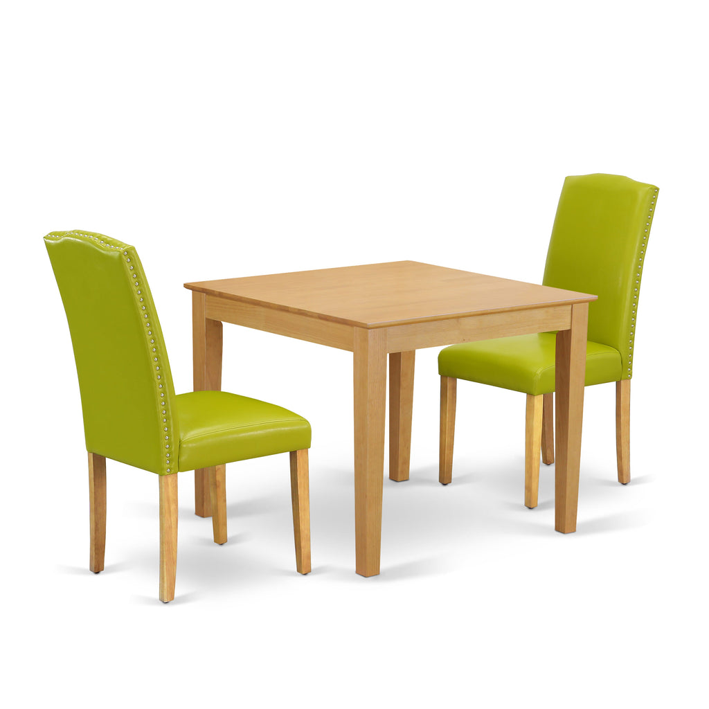 OXEN3-F39-NU Modern Dining Square Table with Two Green Faux Leather Chairs for Cozy Spaces, 36x36 Oak Finish