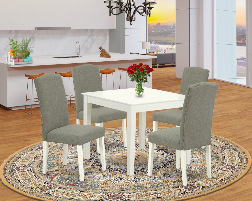 OXEN5-H8Q-T4 5 Piece Dining Experience - Featuring Chic Square Table with 4 Elegant Upholstered Chairs in Dark Shitake Linen, Linen White Finish