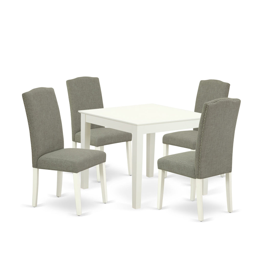 OXEN5-H8Q-T4 5 Piece Dining Experience - Featuring Chic Square Table with 4 Elegant Upholstered Chairs in Dark Shitake Linen, Linen White Finish