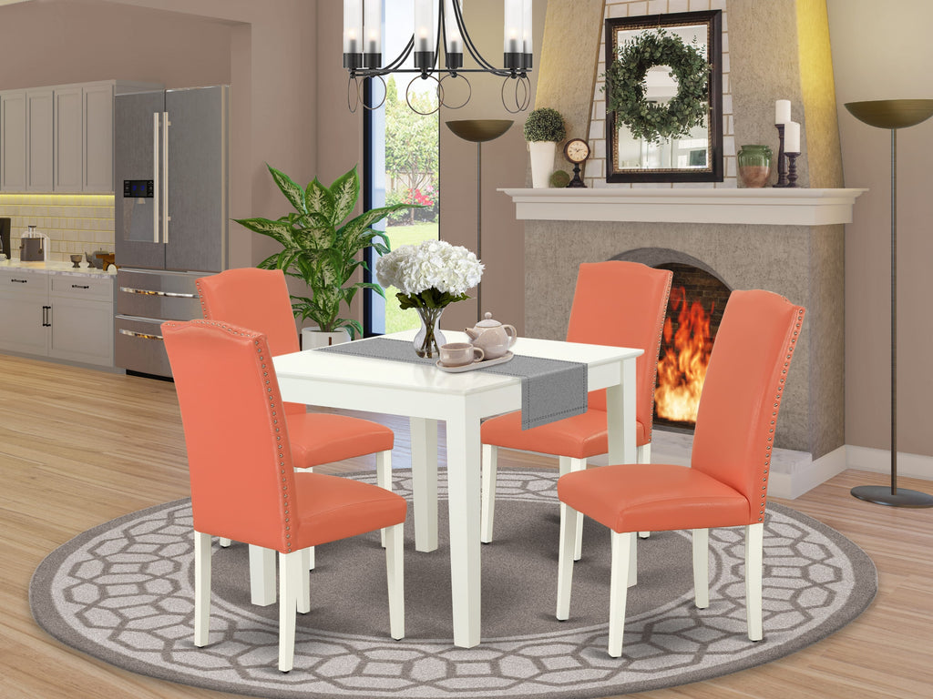 OXEN5-VVR-3X - Five Piece Set Compact White Dining Table with Flamingo Pink Faux Leather Chairs Ensemble