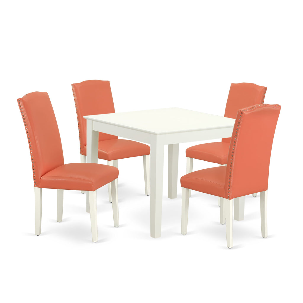 OXEN5-VVR-3X - Five Piece Set Compact White Dining Table with Flamingo Pink Faux Leather Chairs Ensemble
