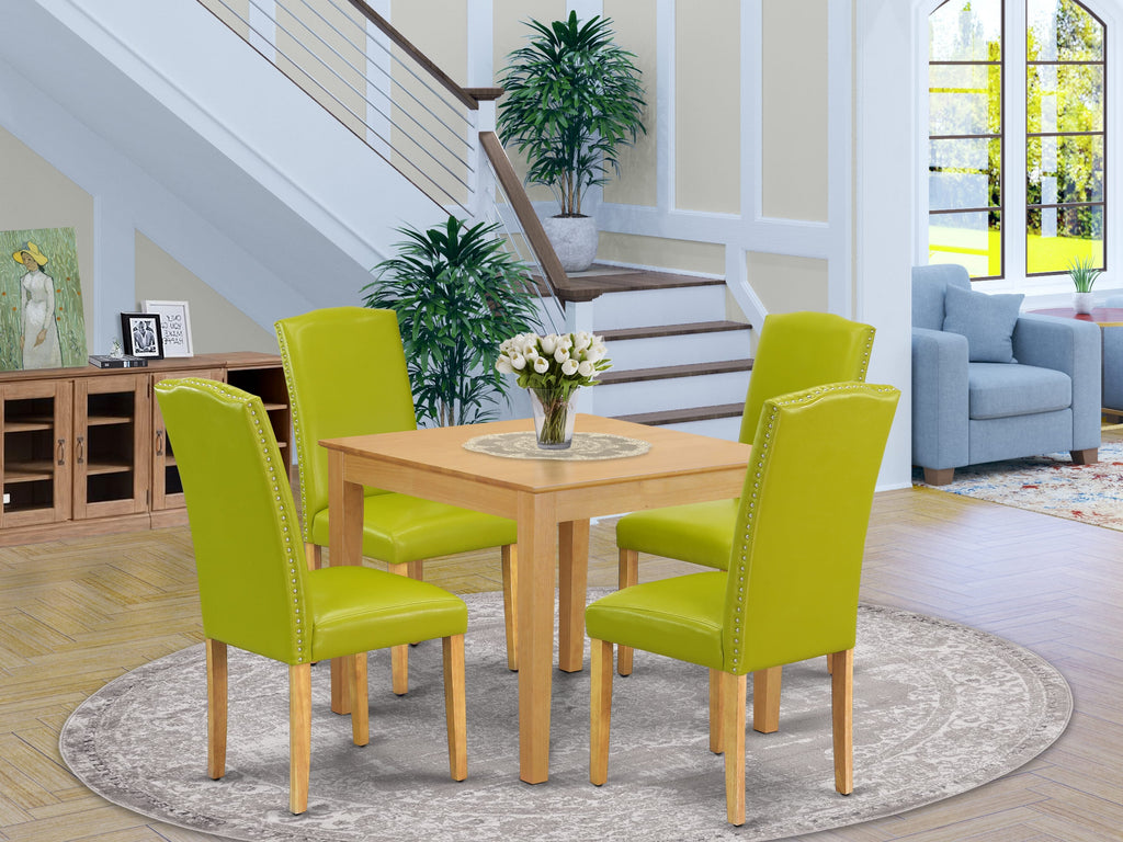 Dining Ensemble OXEN5-YD9-UI Square Table with 4 Upholstered Chairs in Oak Finish, 36x36