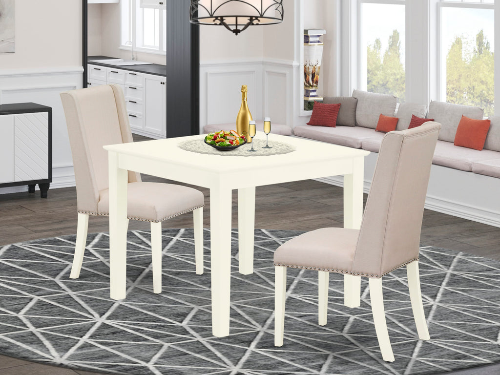 OXFL3-R3Q-S6 3 Piece Dining Ensemble Square Table & Two Cream Upholstered Chairs, Linen White Finish, 36 Set