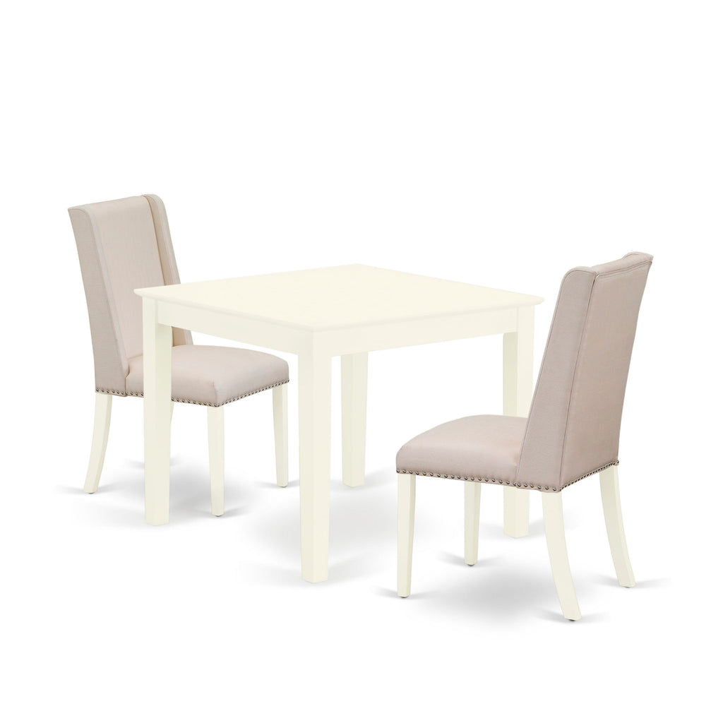 OXFL3-R3Q-S6 3 Piece Dining Ensemble Square Table & Two Cream Upholstered Chairs, Linen White Finish, 36 Set