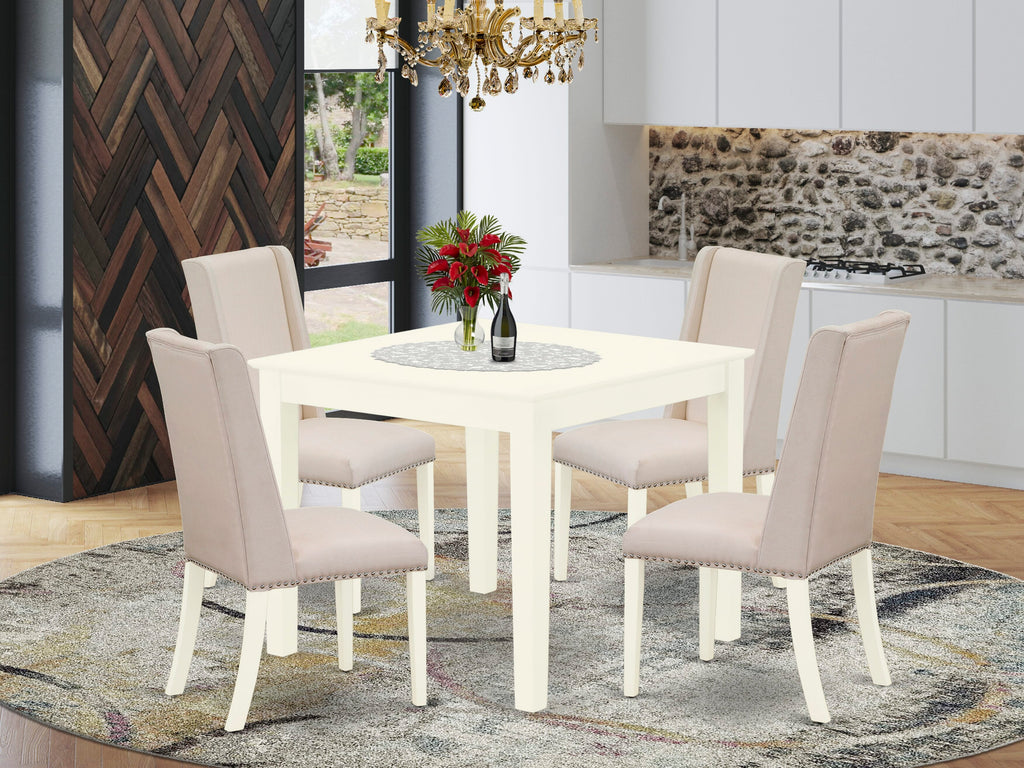 OXFL5-0F5-Z6 Elegant 5-Piece Dining Set with Cream Linen Parson Chairs and Square Table for Cozy Meals