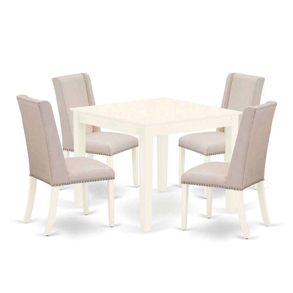 OXFL5-0F5-Z6 Elegant 5-Piece Dining Set with Cream Linen Parson Chairs and Square Table for Cozy Meals