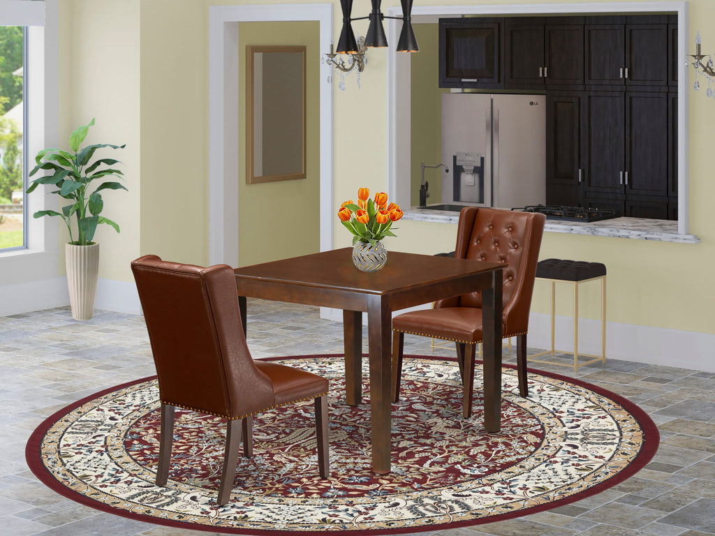 OXFO3-WK4-DJ Set with Square Table & 2 Brown Leather Parson Dining Chairs for Dining Room, 36x36, Mahogany